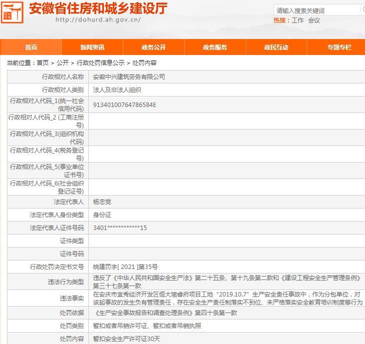 安全生产责任制落实不到位 安徽中兴建筑劳务有限公司被暂扣安全生产许可证