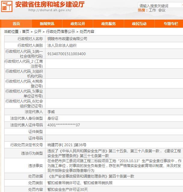 未落实安全教育培训制度导致安全事故 铜陵市市政建设有限公司被暂扣安全生产许可证