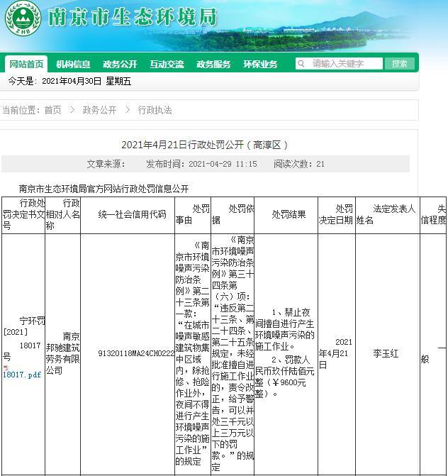 南京邦驰建筑劳务有限公司被罚9600元 未经审批夜间施工