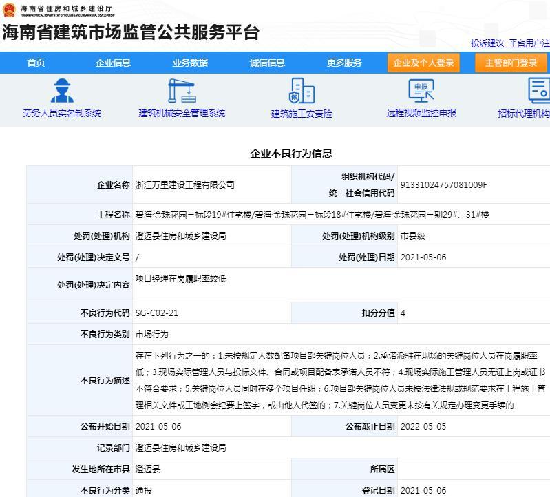 项目经理在岗履职率较低 浙江万里建设工程有限公司被扣4分