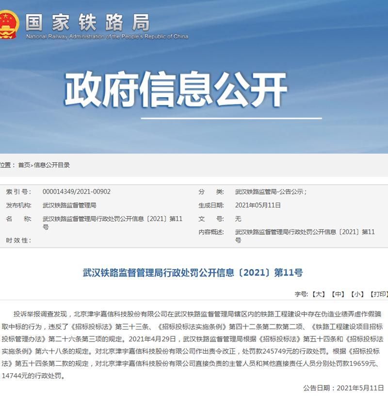 伪造业绩弄虚作假骗取中标 北京津宇嘉信科技股份有限公司遭罚款24.5万元