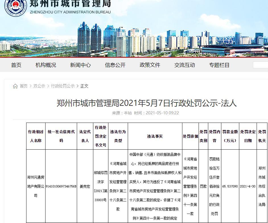 郑州元通房地产公司因销售已抵押房被罚65万余元 企业被“限高”