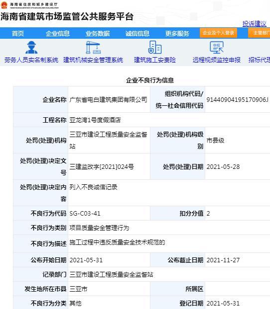 违规施工 广东省电白建筑集团有限公司被列入不良诚信记录