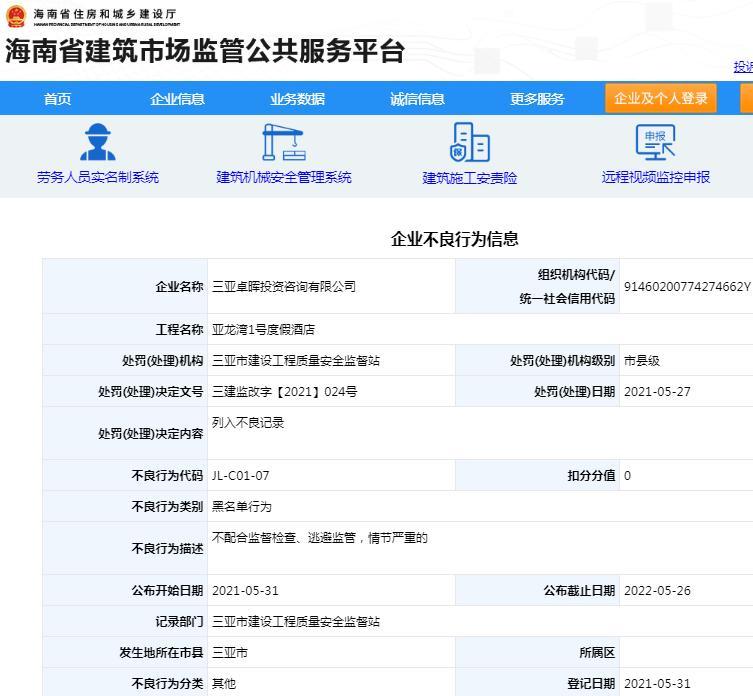 不配合监督检查 三亚卓晖投资咨询有限公司被列入黑名单