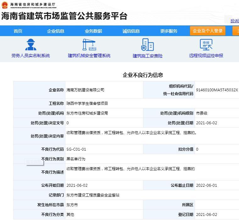 海南万航建设有限公司被加入黑名单 涉嫌转包