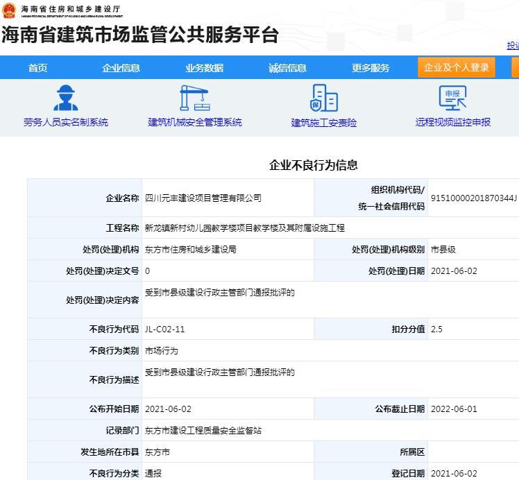 四川元丰建设项目管理有限公司项目违规被通报批评