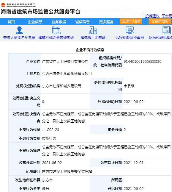 广东省广大工程顾问有限公司被扣2分信用分 项目管理不规范