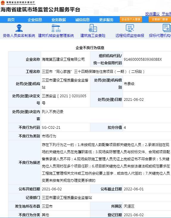 海南第五建设工程有限公司被列入不良记录 项目管理不规范