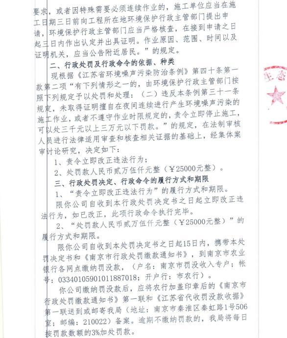 未经审批夜间施工 宿迁市振东建筑工程有限公司被罚2.5万元
