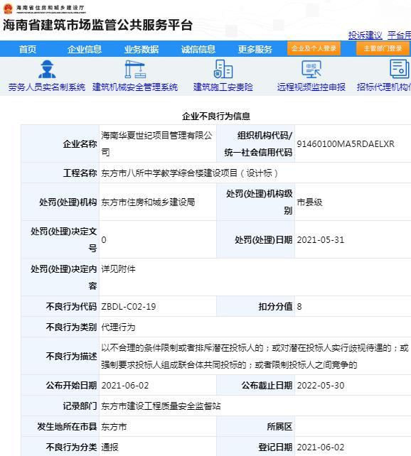 海南华夏世纪项目管理有限公司因违规招标被扣8分