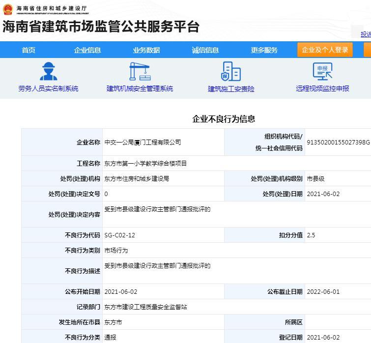 中交一公局厦门工程有限公司因违规被通报批评 扣2.5分