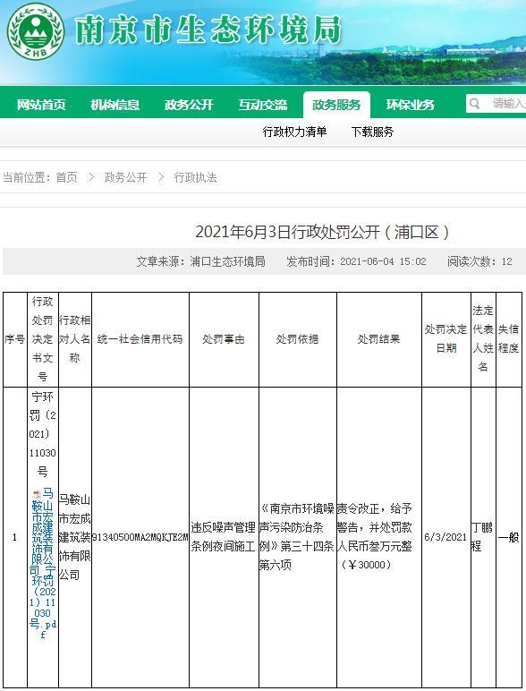 未经审批夜间施工 马鞍山市宏成建筑装饰有限公司被罚3万元