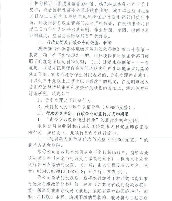 未经审批夜间施工 南京龙祥安装工程有限公司等4家公司各被罚9900元