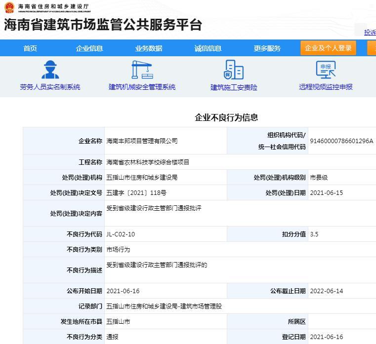 海南丰邦项目管理有限公司建设违规被通报批评 扣3.5分