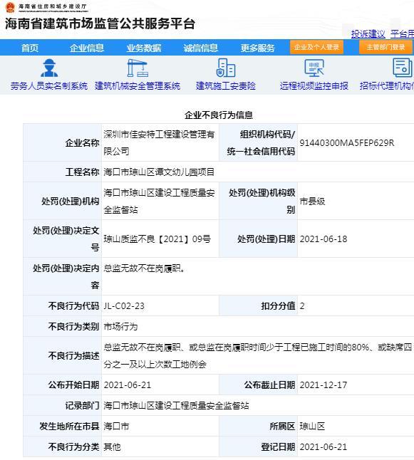 项目管理不规范 深圳市佳安特工程建设管理有限公司被扣2分