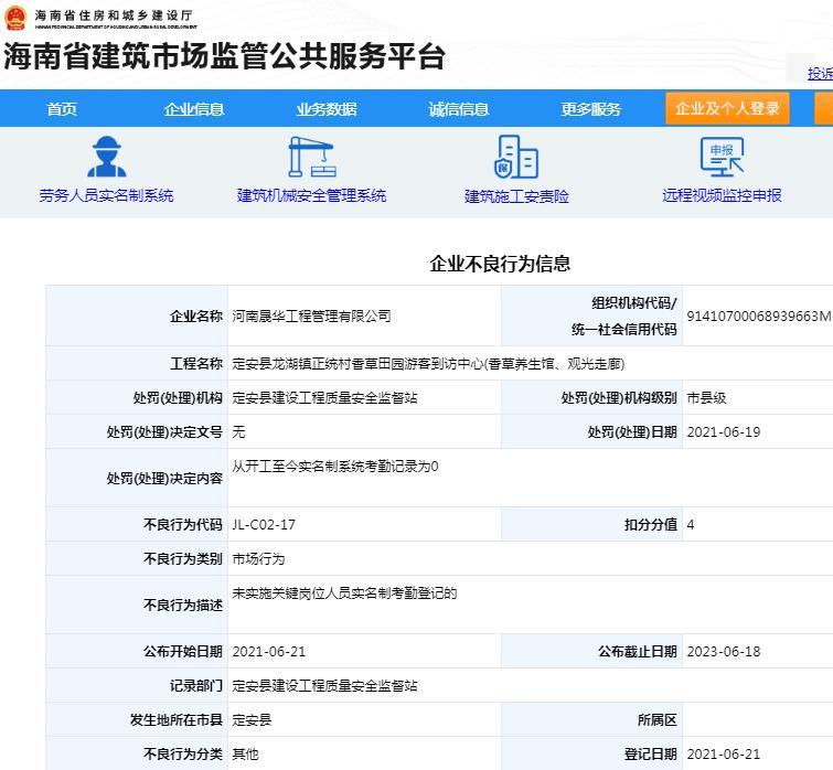 未实施关键岗位人员实名制考勤 河南晟华工程管理有限公司被扣4分