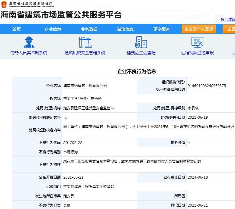 海南泰铂建筑工程有限公司因管理不规范被扣4分