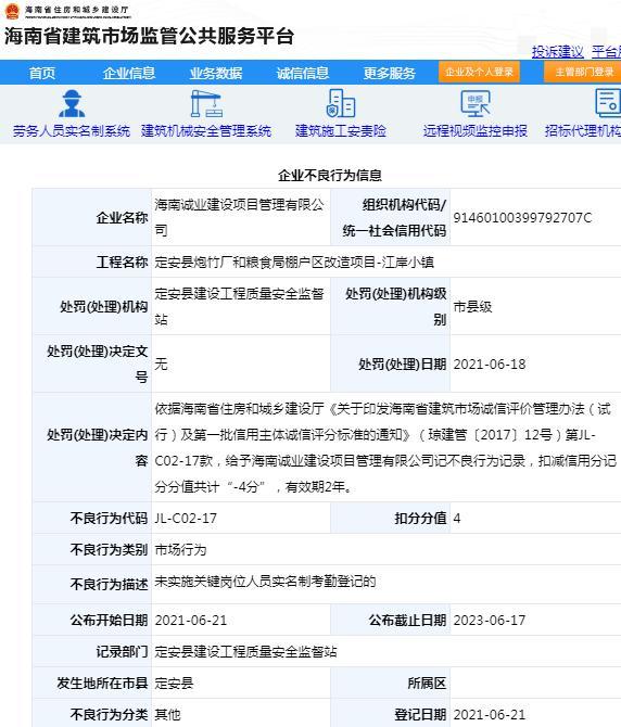 未实施关键岗位人员实名制考勤登记 海南诚业建设项目管理有限公司被扣4分