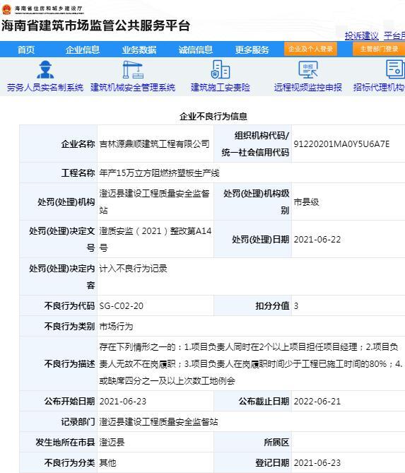 吉林源鼎顺建筑工程有限公司因一项目管理不规范被扣3分