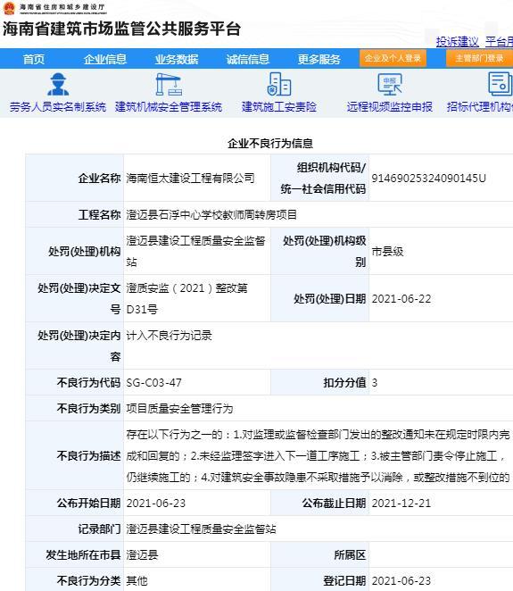 海南恒太建设工程有限公司被扣3分 项目管理不规范