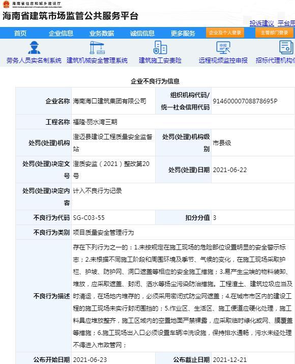 海南中洪建设工程有限公司被扣3分 施工管理不规范