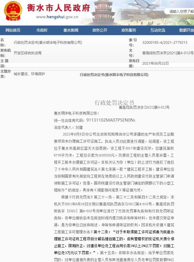 衡水明丰电子科技有限公司因未办理施工许可证施工被罚5250元 