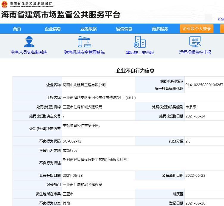 河南中兆建筑工程有限公司违规管理被通报批评 扣2.5分