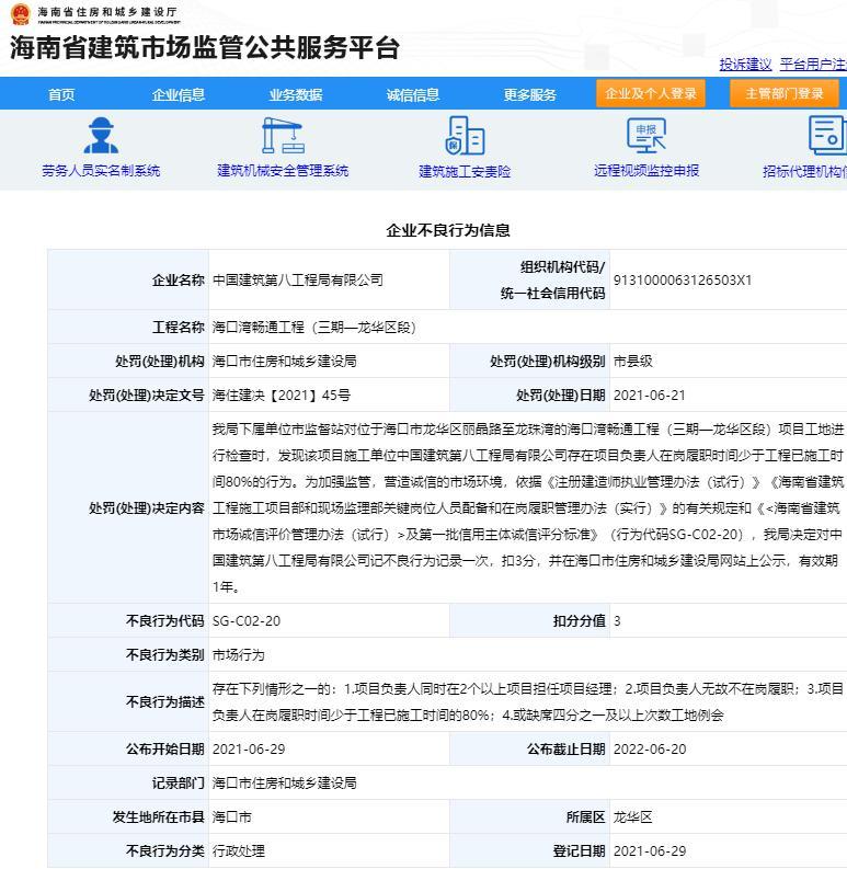 中国建筑第八工程局有限公司被扣3分 项目管理不规范