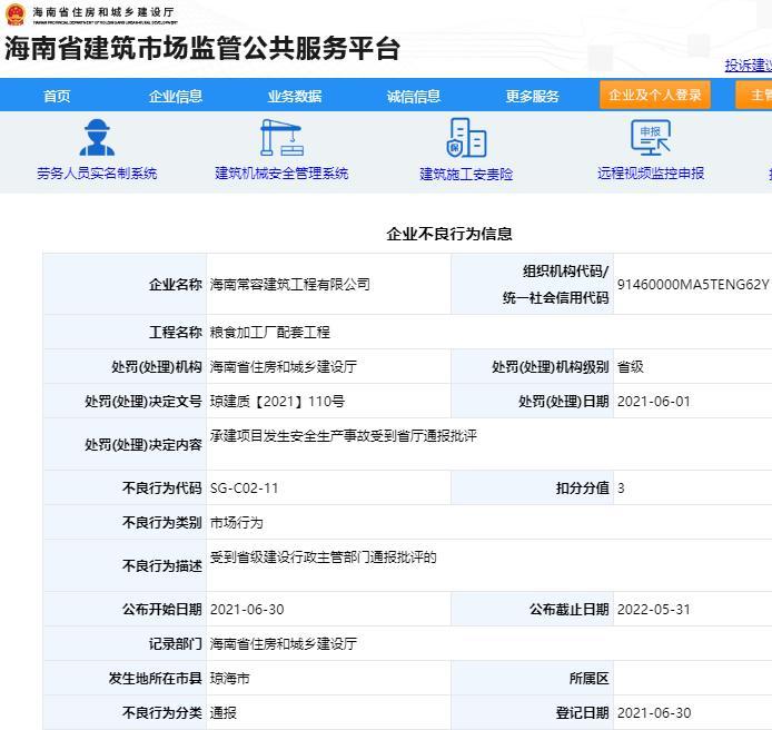 海南常容建筑工程有限公司承建的项目发生安全事故被通报批评