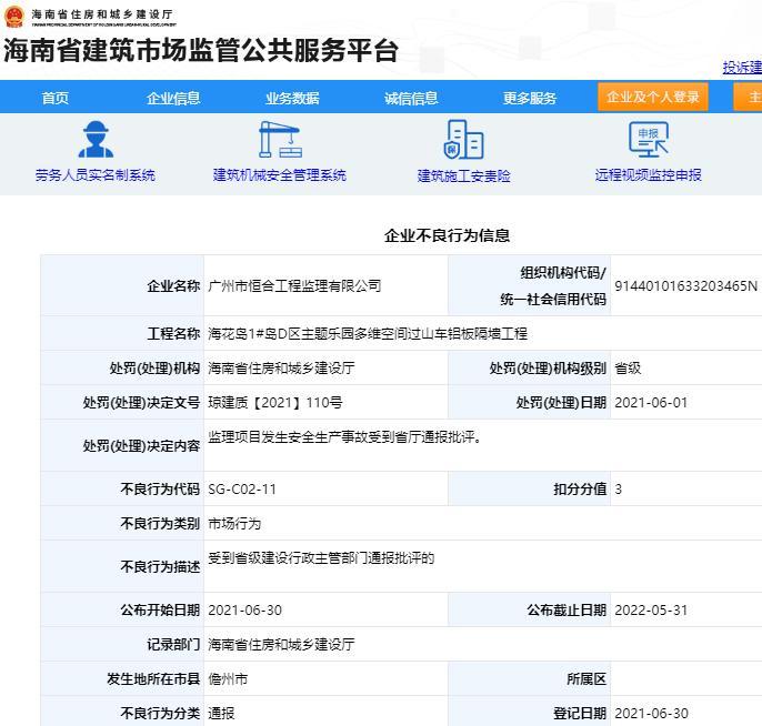 广州市恒合工程监理有限公司监理项目发生安全事故被通报批评