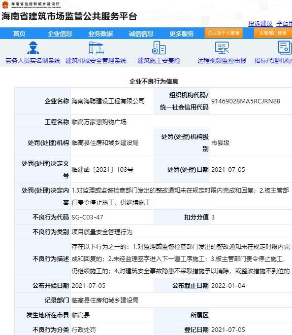 海南海聪建设工程有限公司一项目管理不规范被扣3分