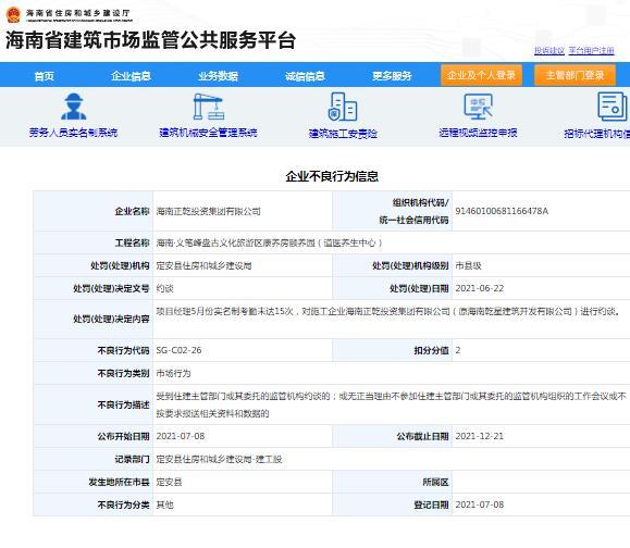 海南正乾投资集团有限公司管理不规范遭约谈 被扣2分