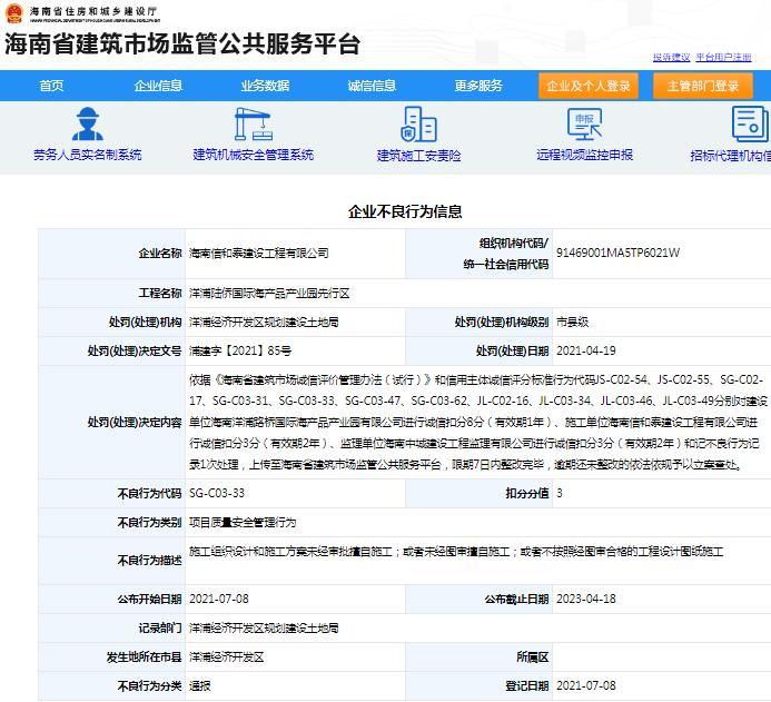 未经审批擅自施工 海南信和泰建设工程有限公司被扣3分