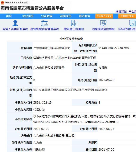 违规招投标 广东省国际工程咨询有限公司被扣8分