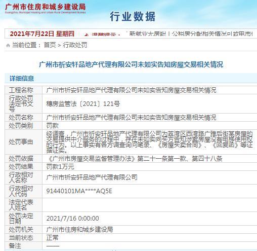 未如实告知房屋交易相关情况 广州市祈安轩品地产代理有限公司被罚1万元