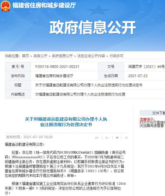 福建省远乾建设有限公司被罚 违规办理个人执业注册