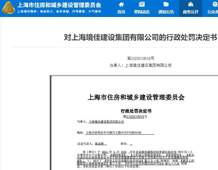 提供虚假材料申请行政许可 上海境佳建设集团有限公司被罚
