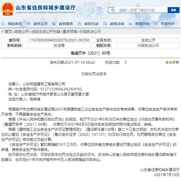 安全生产条件考核不合格 山东翔楚建筑工程有限公司被暂扣安全生产许可证