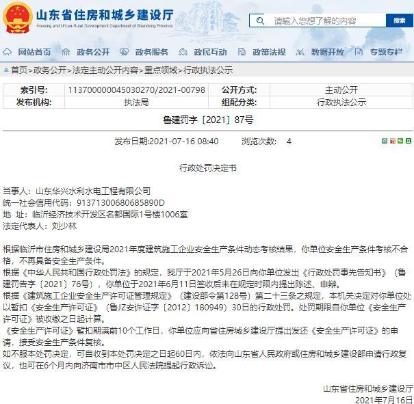 山东华兴水利水电工程有限公司安全生产条件不合格被暂扣安全生产许可证