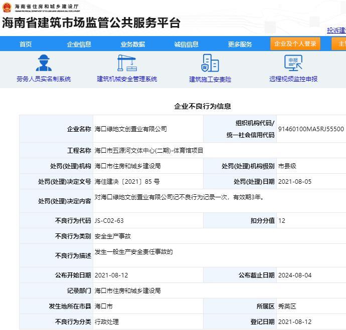 海口绿地文创置业有限公司因一项目发生安全事故被扣12分