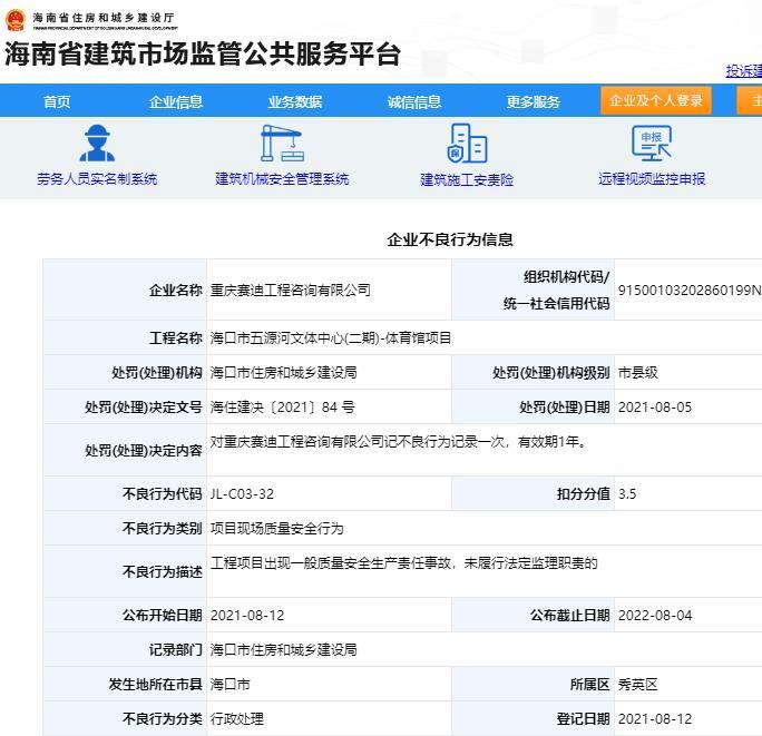 重庆赛迪工程咨询有限公司因监理不到位被记不良行为记录