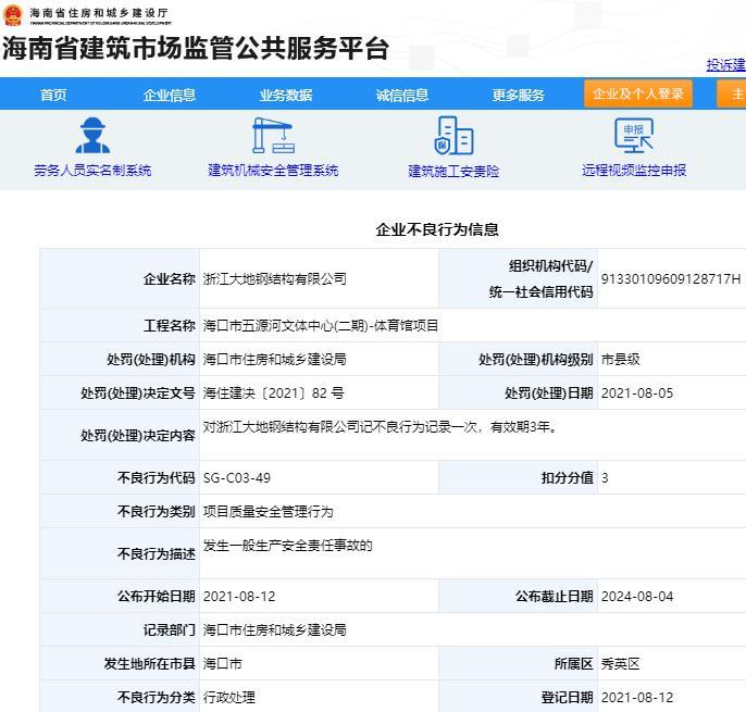 浙江大地钢结构有限公司被记不良行为记录 因一项目发生安全事故