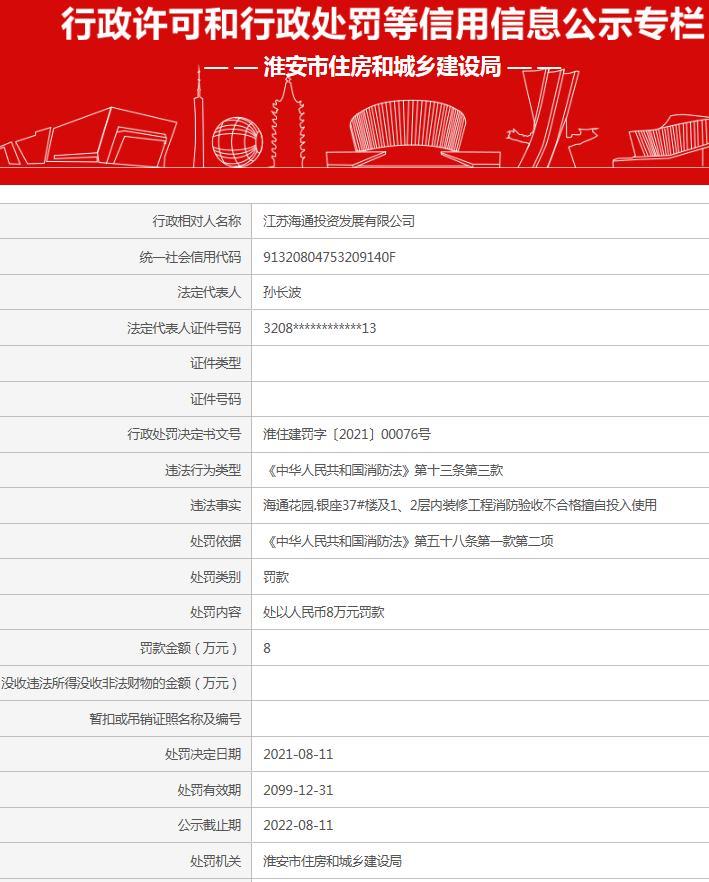 消防验收不合格擅自投入使用 江苏海通投资发展有限公司被罚8万元 