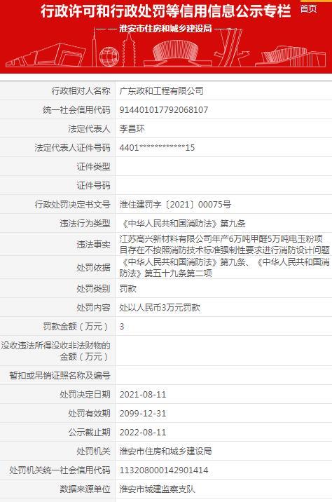 不按标准进行消防设计 广东政和工程有限公司被罚3万元