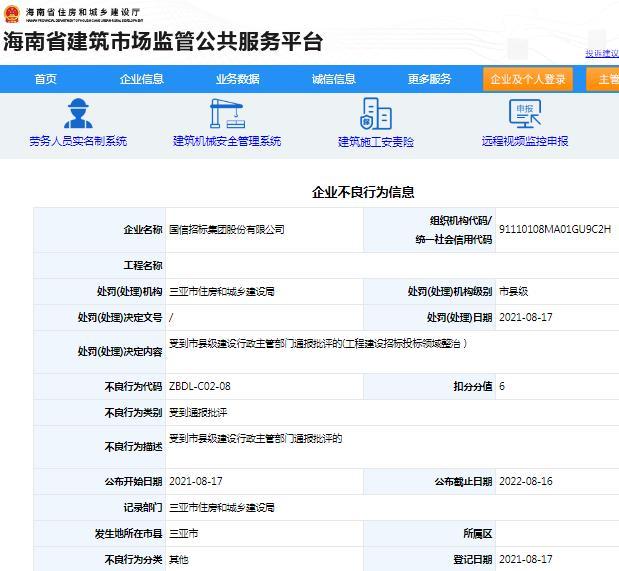违规招投标 国信招标集团股份有限公司被通报批评扣6分