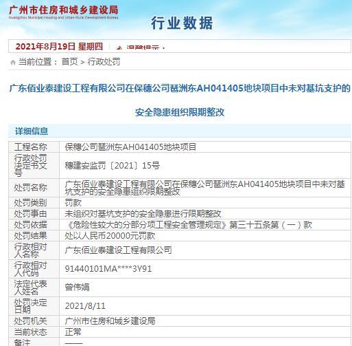 未对安全隐患限期整改 广东佰业泰建设工程有限公司被罚2万元