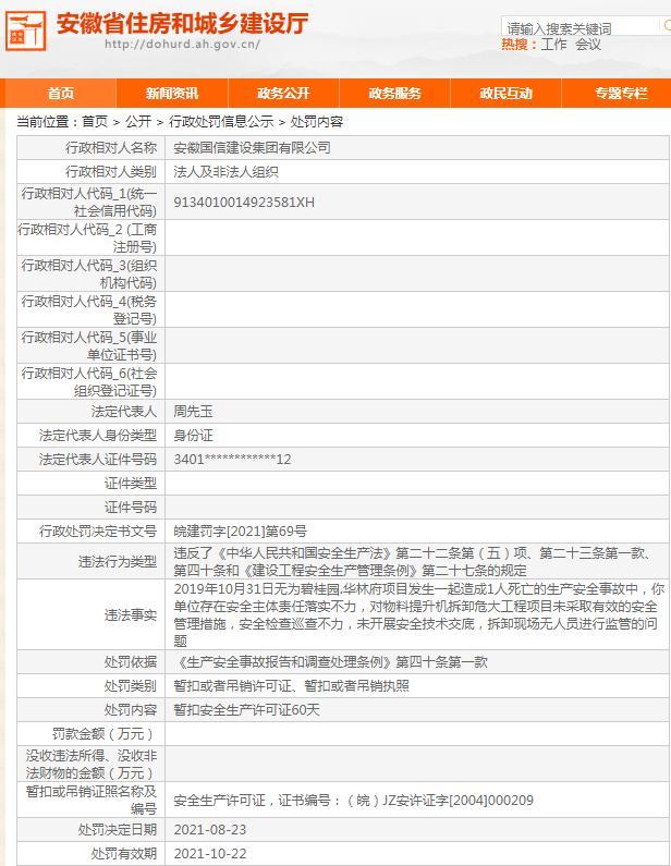 无为碧桂园·华林府项目发生安全事故 安徽国信建设集团有限公司被暂扣安全生产许可证