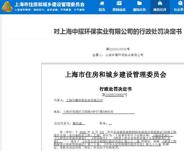 上海中耀环保实业有限公司因违规申请设计资质被罚