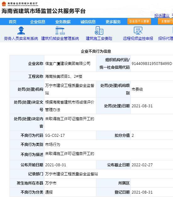 海南拾美项目无施工许可证擅自开工 信宜广厦建设集团有限公司被通报批评