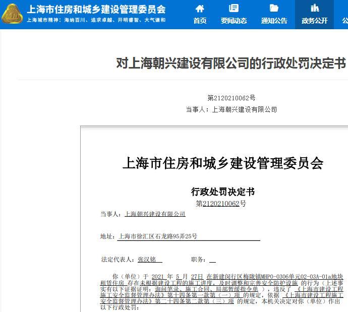 未及时调整完善安全防护设施 上海朝兴建设有限公司被罚款2.5万元